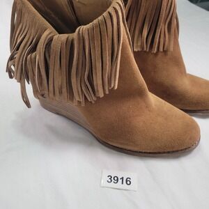 Lucky Brand Womens Yachin Brown Suede Fringed 4" Wedge Ankle Boots Size 10 READ